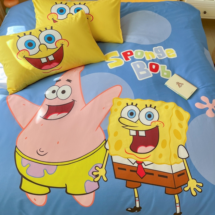 91家纺网 家纺一手货源 找家纺 金爱家纯棉数码印花系列四件套-海绵宝宝 棉D-蓝蓝海绵宝宝