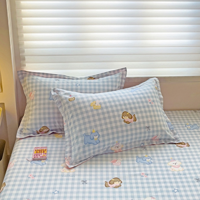 91家纺网 家纺一手货源 找家纺 春雨家居 2025新款春夏卡通印花全棉单枕套 15.星星发夹狗