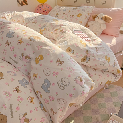 韩巢家纺 2025新款超柔水洗棉印花被套床单床上用品四件套  灰蒙小狗