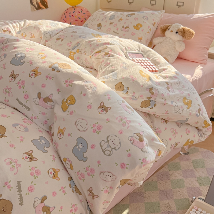 91家纺网 家纺一手货源 找家纺 韩巢家纺 2025新款超柔水洗棉印花被套床单床上用品四件套  灰蒙小狗