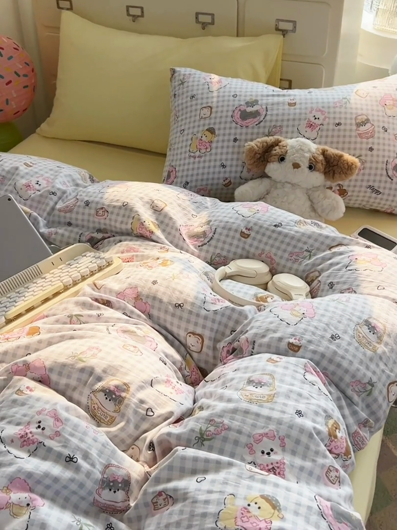 91家纺网 家纺一手货源 找家纺 韩巢家纺 2025新款超柔水洗棉印花被套床单床上用品四件套  灰蒙小狗