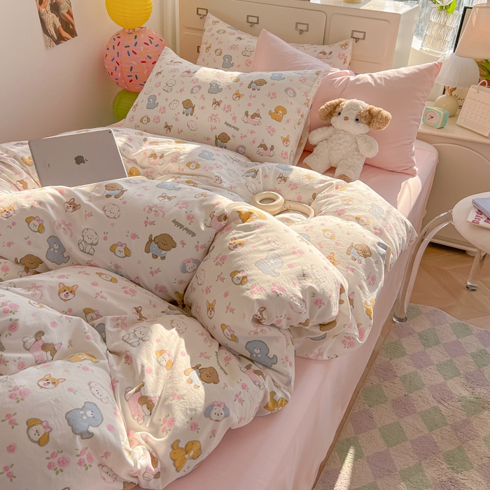 91家纺网 家纺一手货源 找家纺 韩巢家纺 2025新款超柔水洗棉印花被套床单床上用品四件套  灰蒙小狗