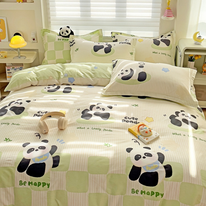 91家纺网 家纺一手货源 找家纺 春雨家居 2025新款春夏卡通印花全棉四件套 小熊猫