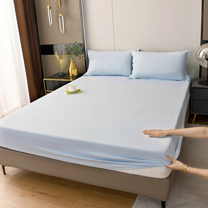 91家纺网 家纺一手货源 找家纺 梵巢2025新款水洗棉纯色单床笠 浅蓝