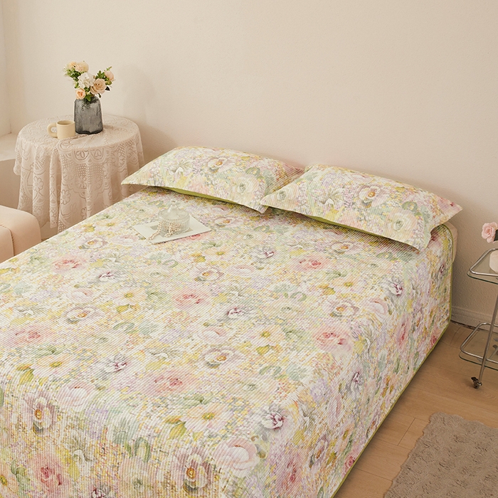 91家纺网 家纺一手货源 找家纺 莎果家纺 2025新款双面全棉数码印花大尺寸2.3*2.5米床盖三件套 春日幽香