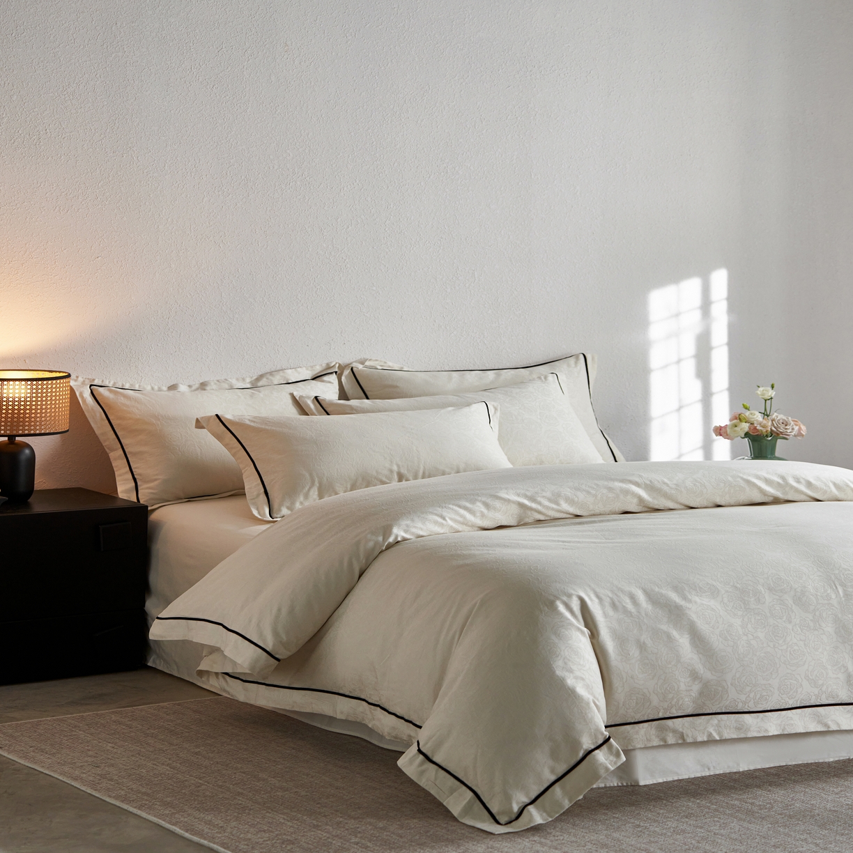 91家纺网 家纺一手货源 找家纺 三朵全棉60S贡缎长绒棉大提花四件套-花序系列 达西花园-白