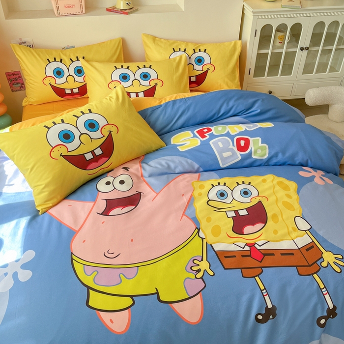 91家纺网 家纺一手货源 找家纺 金爱家纯棉数码印花系列四件套-海绵宝宝 棉D-蓝蓝海绵宝宝