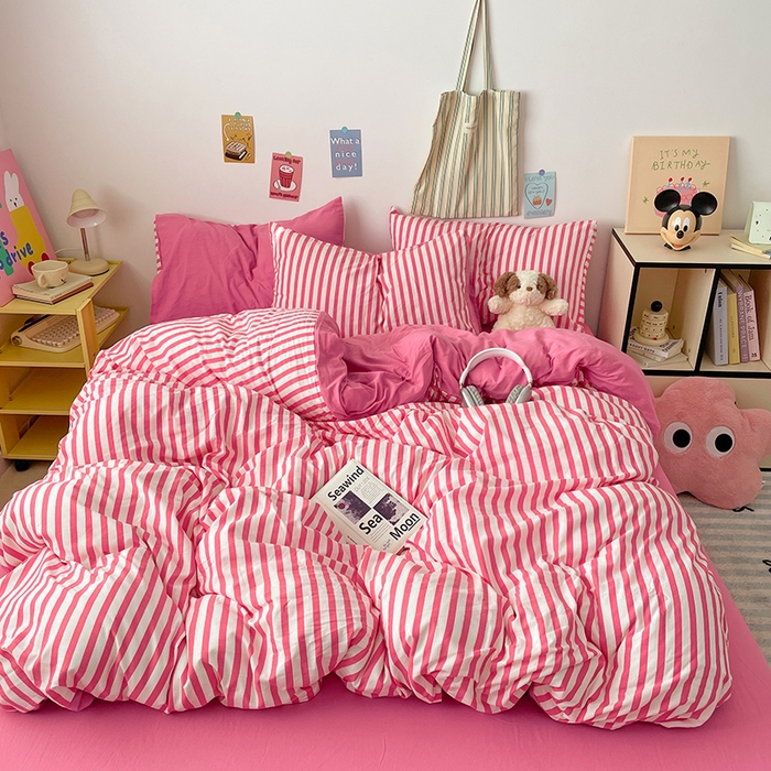 91家纺网 家纺一手货源 找家纺 卡斯诺家纺馆 2025新款水洗云朵棉四件套【下载文件夹包含买家秀】 甜辣风-玫红条