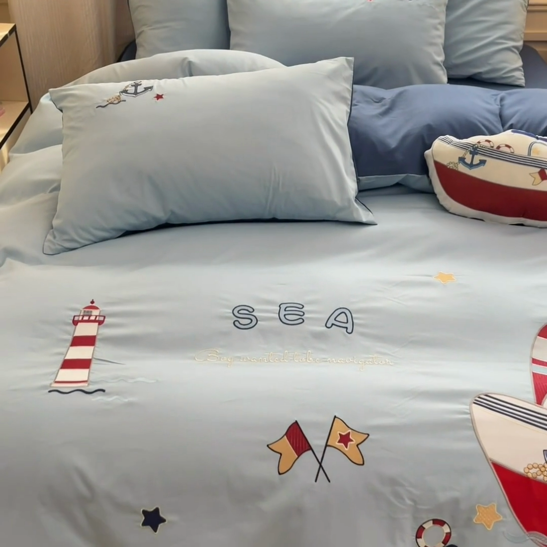 91家纺网 家纺一手货源 找家纺 博雅 2025新款全棉贴布绣卡通四件套 绣花款-海盗船