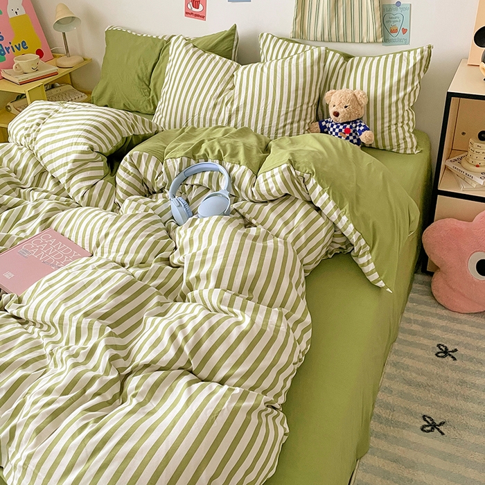 91家纺网 家纺一手货源 找家纺 卡斯诺家纺馆 2025新款水洗云朵棉四件套【下载文件夹包含买家秀】 甜辣风-抹绿条