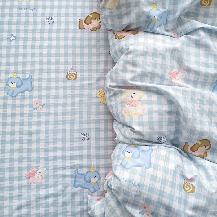 91家纺网 家纺一手货源 找家纺 春雨家居 2025新款春夏卡通印花全棉单被套 星星发夹狗