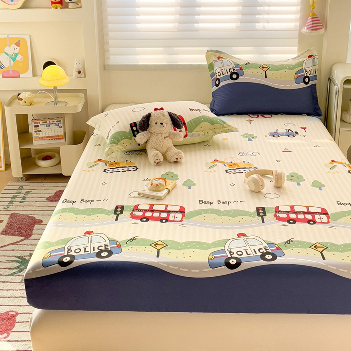 91家纺网 家纺一手货源 找家纺 春雨家居 2025新款春夏卡通印花全棉单床笠 汽车世界