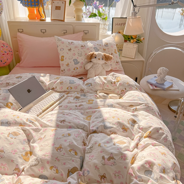 91家纺网 家纺一手货源 找家纺 韩巢家纺 2025新款超柔水洗棉印花被套床单床上用品四件套  灰蒙小狗