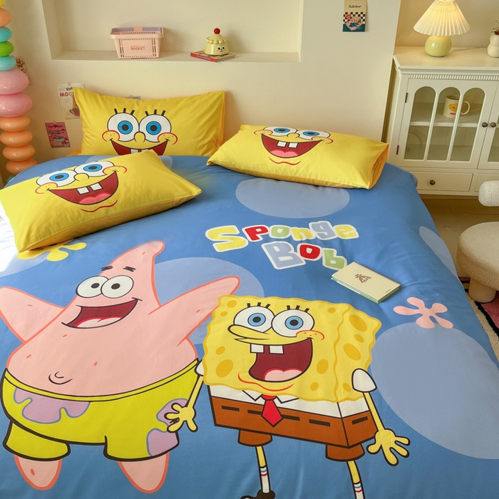 91家纺网 家纺一手货源 找家纺 金爱家纯棉数码印花系列四件套-海绵宝宝 棉D-蓝蓝海绵宝宝