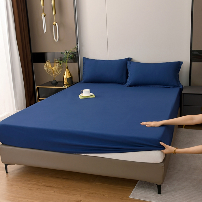 91家纺网 家纺一手货源 找家纺 梵巢2025新款水洗棉纯色单床笠 深蓝