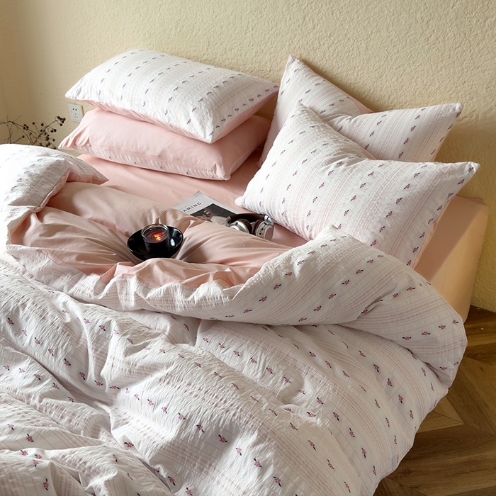 91家纺网 家纺一手货源 找家纺 琪格格纺织 2025新款纯棉韩式小清新田园大提花清新四件套 小花园-粉