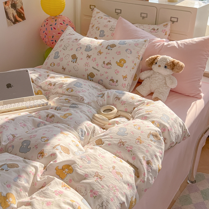 91家纺网 家纺一手货源 找家纺 韩巢家纺 2025新款超柔水洗棉印花被套床单床上用品四件套  灰蒙小狗