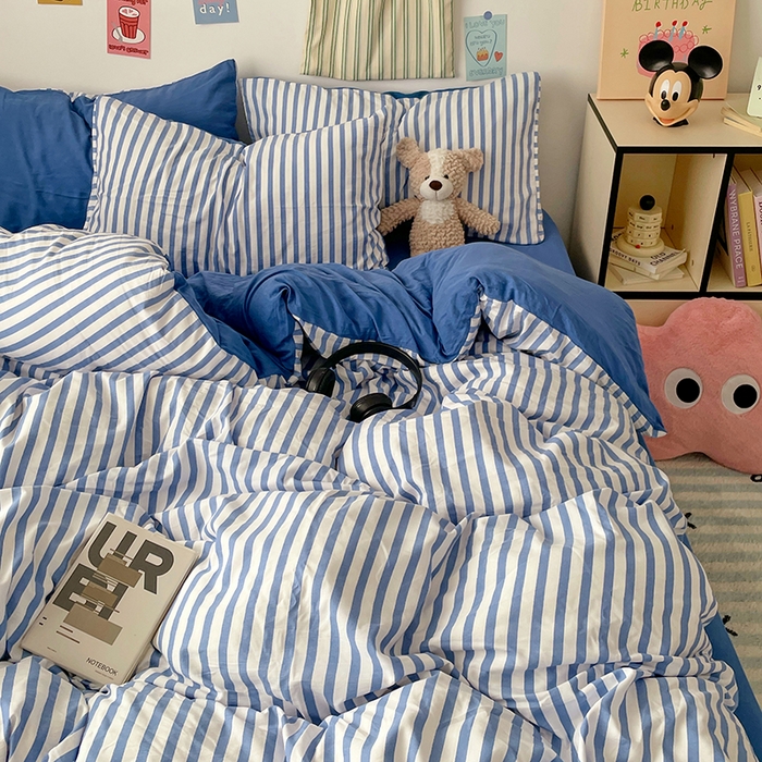 91家纺网 家纺一手货源 找家纺 卡斯诺家纺馆 2025新款水洗云朵棉四件套【下载文件夹包含买家秀】 甜辣风-蔚蓝条