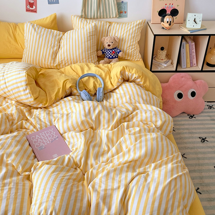 91家纺网 家纺一手货源 找家纺 卡斯诺家纺馆 2025新款水洗云朵棉四件套【下载文件夹包含买家秀】 甜辣风-嫩黄条