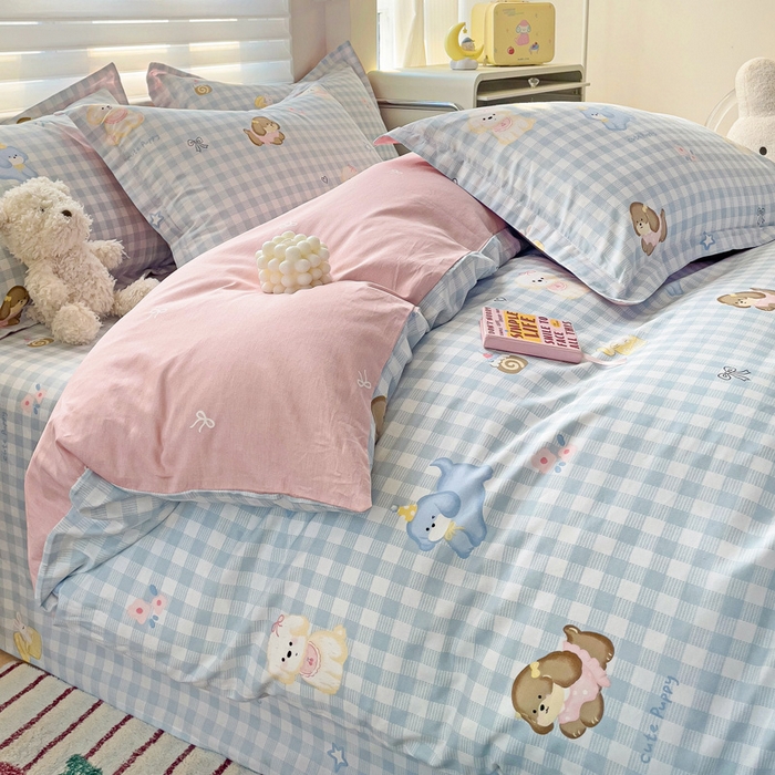 91家纺网 家纺一手货源 找家纺 春雨家居 2025新款春夏卡通印花全棉四件套 星星发夹狗