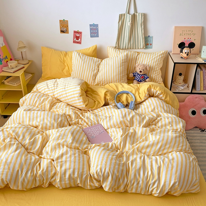 91家纺网 家纺一手货源 找家纺 卡斯诺家纺馆 2025新款水洗云朵棉四件套【下载文件夹包含买家秀】 甜辣风-嫩黄条