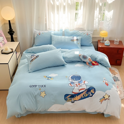 博雅 2025新款全棉贴布绣卡通四件套 绣花款-太空滑板