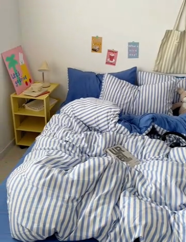 91家纺网 家纺一手货源 找家纺 卡斯诺家纺馆 2025新款水洗云朵棉四件套【下载文件夹包含买家秀】 甜辣风-蔚蓝条