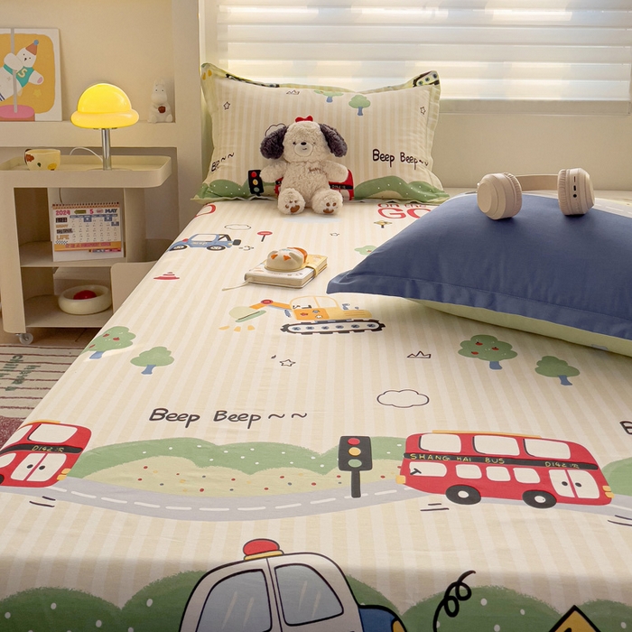 91家纺网 家纺一手货源 找家纺 春雨家居 2025新款春夏卡通印花全棉单床单 汽车世界