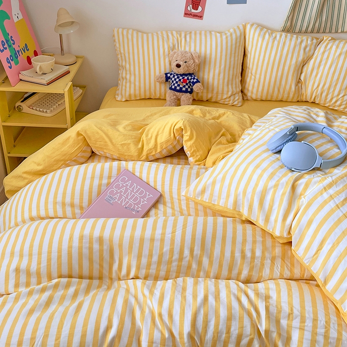 91家纺网 家纺一手货源 找家纺 卡斯诺家纺馆 2025新款水洗云朵棉四件套【下载文件夹包含买家秀】 甜辣风-嫩黄条