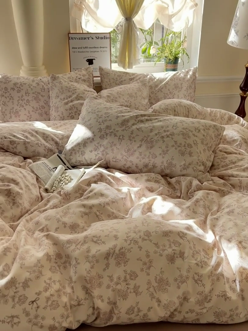 91家纺网 家纺一手货源 找家纺 逸尚阁 2025新款针织双层纱印花四件套（提供买家秀） 黛弦-杏