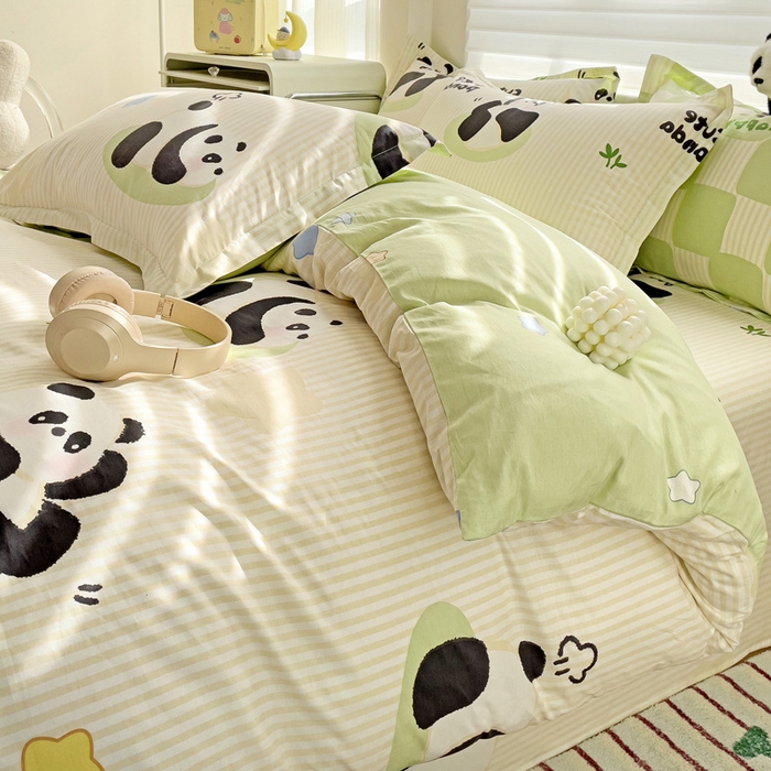 91家纺网 家纺一手货源 找家纺 春雨家居 2025新款春夏卡通印花全棉四件套 小熊猫