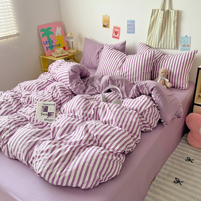 91家纺网 家纺一手货源 找家纺 卡斯诺家纺馆 2025新款水洗云朵棉四件套【下载文件夹包含买家秀】 甜辣风-酱紫条