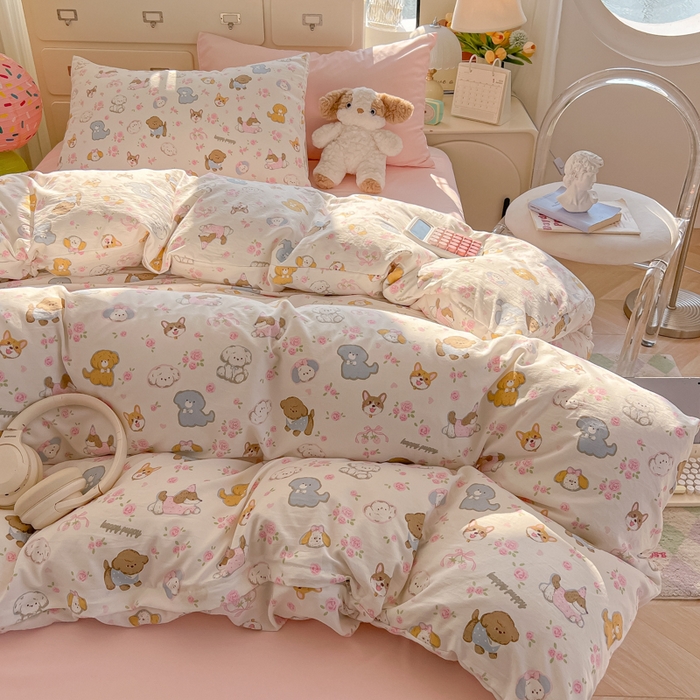 91家纺网 家纺一手货源 找家纺 韩巢家纺 2025新款超柔水洗棉印花被套床单床上用品四件套  灰蒙小狗