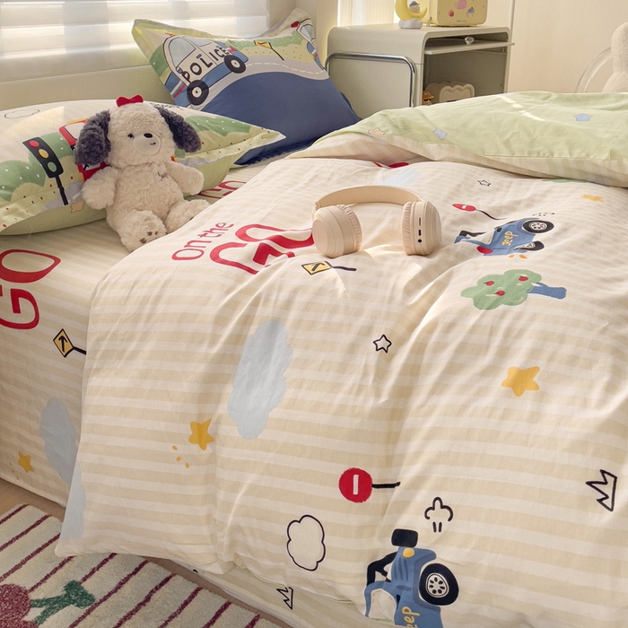 91家纺网 家纺一手货源 找家纺 春雨家居 2025新款春夏卡通印花全棉四件套 汽车世界