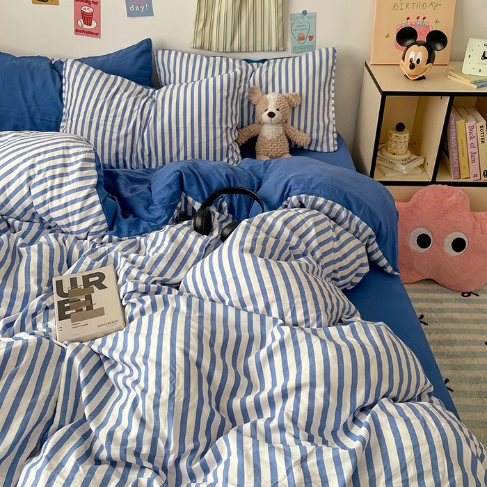 91家纺网 家纺一手货源 找家纺 卡斯诺家纺馆 2025新款水洗云朵棉四件套【下载文件夹包含买家秀】 甜辣风-蔚蓝条