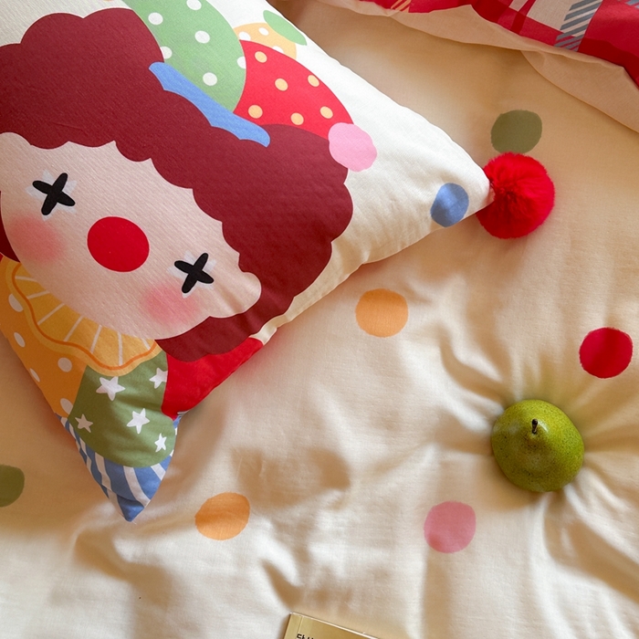 91家纺网 家纺一手货源 找家纺 柚子YOUTH 225新款全棉双层纱球球款四件套 波点小丑