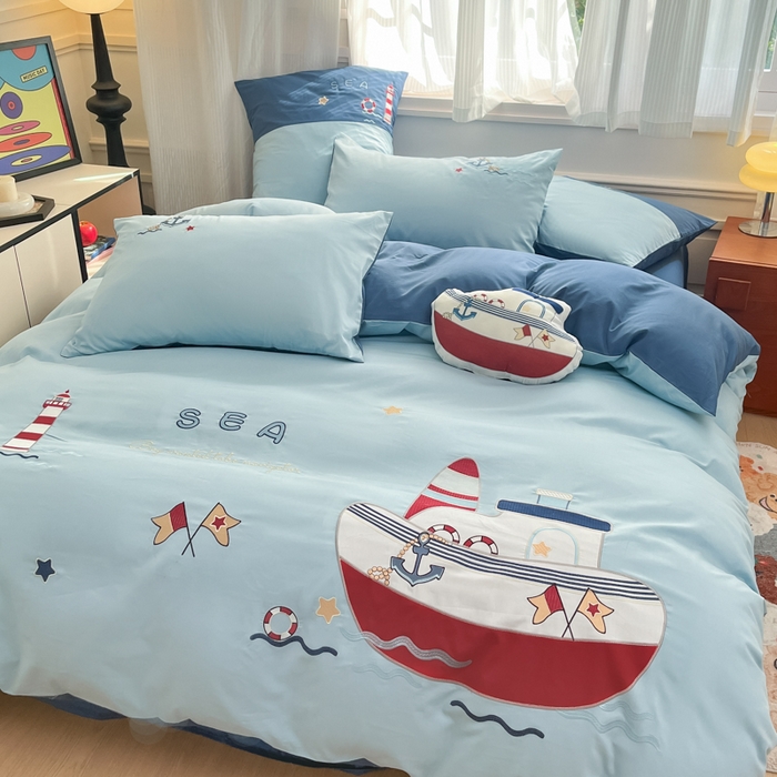 91家纺网 家纺一手货源 找家纺 博雅 2025新款全棉贴布绣卡通四件套 绣花款-海盗船