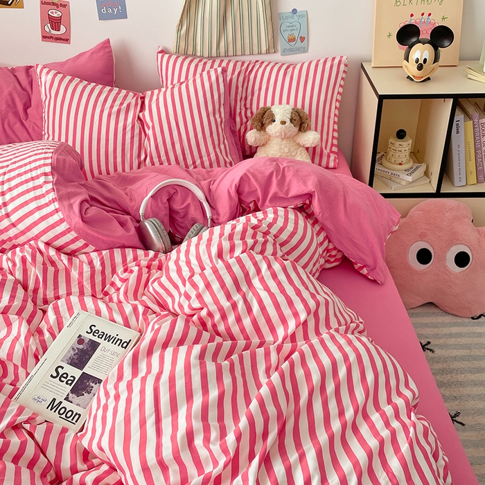 91家纺网 家纺一手货源 找家纺 卡斯诺家纺馆 2025新款水洗云朵棉四件套【下载文件夹包含买家秀】 甜辣风-玫红条