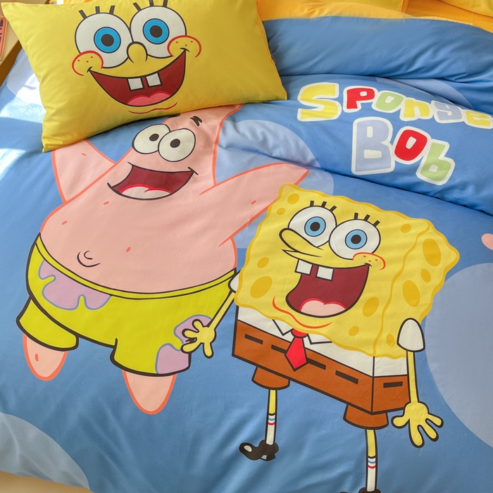 91家纺网 家纺一手货源 找家纺 金爱家纯棉数码印花系列四件套-海绵宝宝 棉D-蓝蓝海绵宝宝