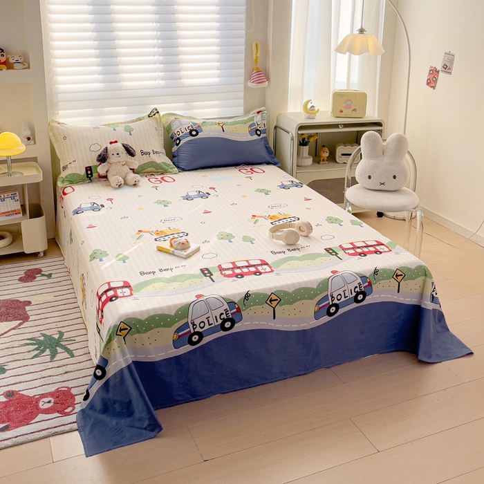 91家纺网 家纺一手货源 找家纺 春雨家居 2025新款春夏卡通印花全棉单床单 汽车世界