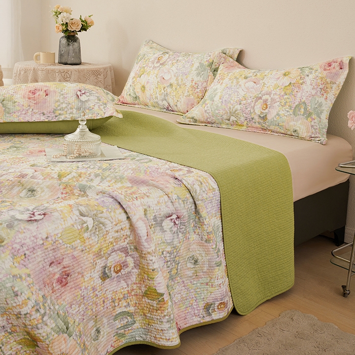 91家纺网 家纺一手货源 找家纺 莎果家纺 2025新款双面全棉数码印花大尺寸2.3*2.5米床盖三件套 春日幽香