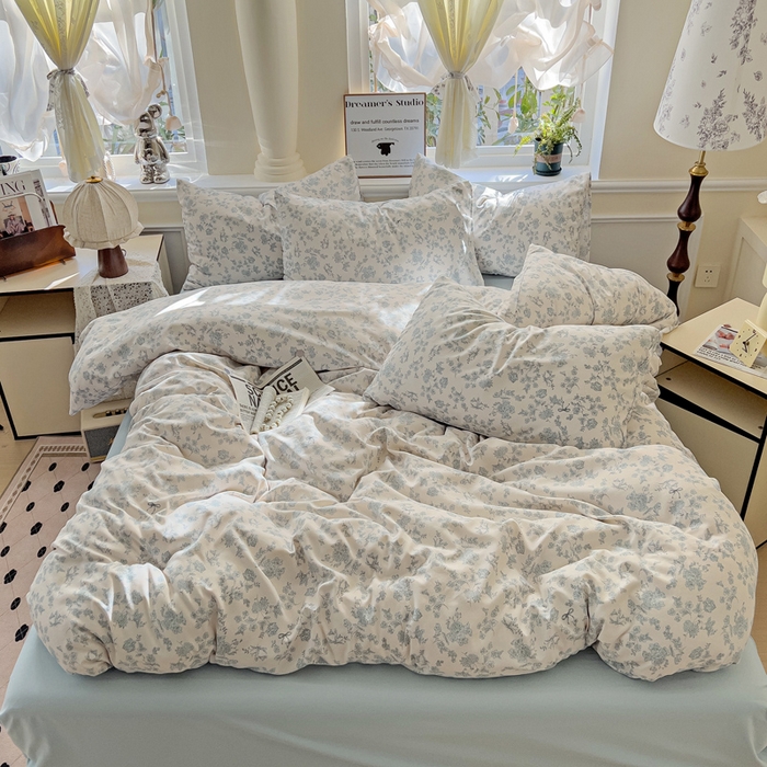 91家纺网 家纺一手货源 找家纺 逸尚阁 2025新款针织双层纱印花四件套（提供买家秀） 黛弦-蓝