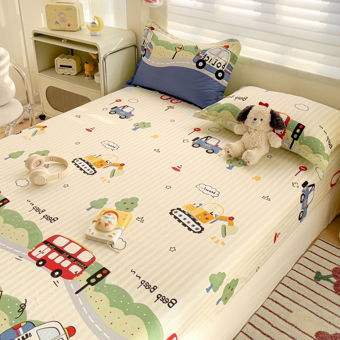 91家纺网 家纺一手货源 找家纺 春雨家居 2025新款春夏卡通印花全棉单床笠 汽车世界