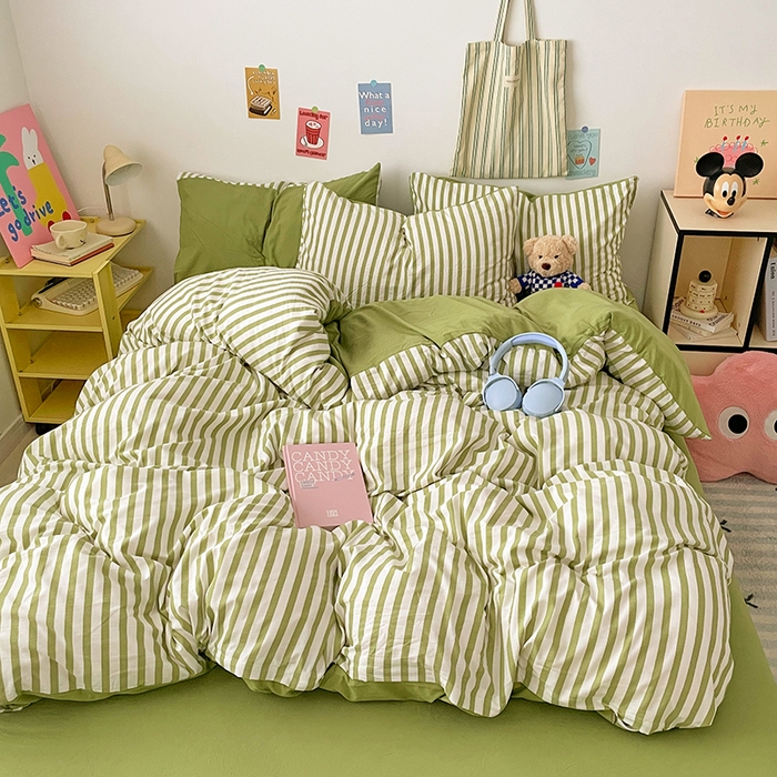 91家纺网 家纺一手货源 找家纺 卡斯诺家纺馆 2025新款水洗云朵棉四件套【下载文件夹包含买家秀】 甜辣风-抹绿条