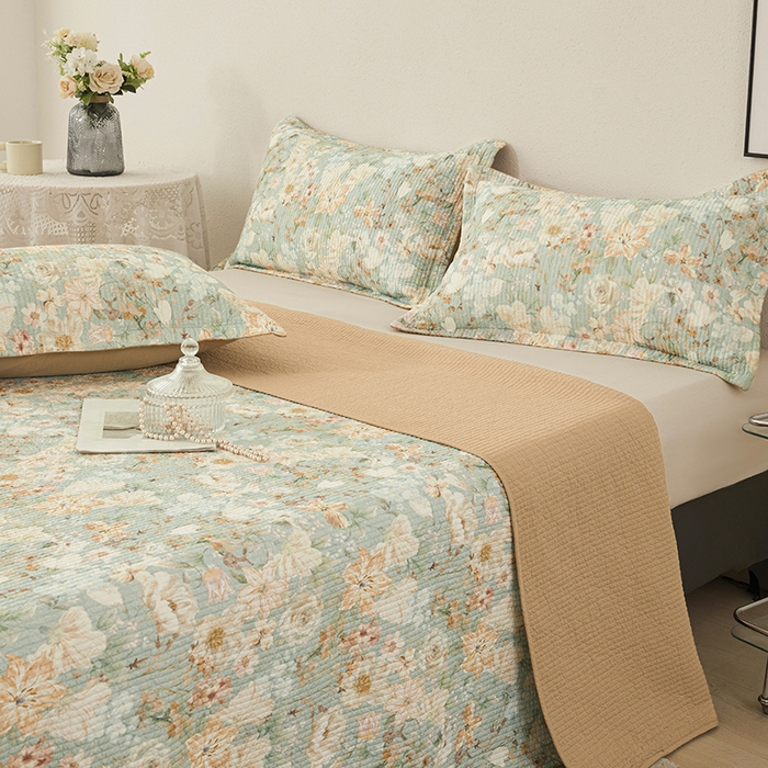 91家纺网 家纺一手货源 找家纺 莎果家纺 2025新款双面全棉数码印花大尺寸2.3*2.5米床盖三件套 碧山春晨