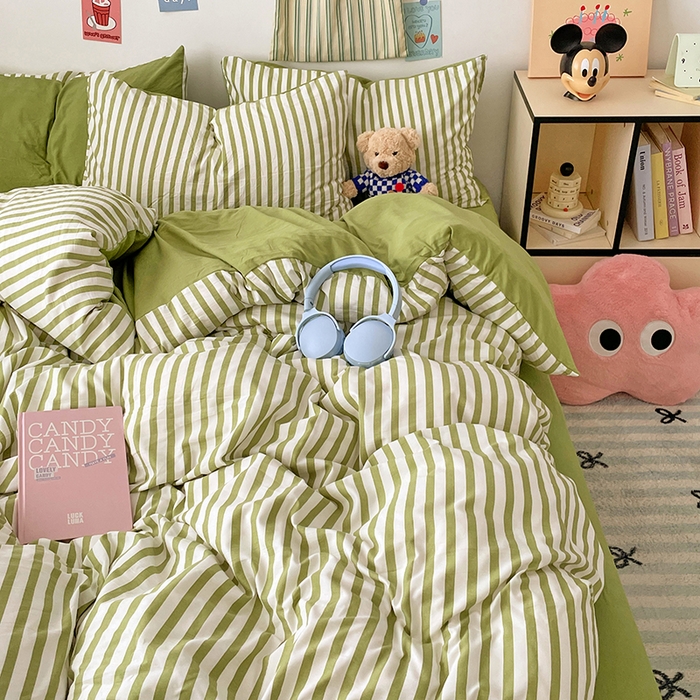 91家纺网 家纺一手货源 找家纺 卡斯诺家纺馆 2025新款水洗云朵棉四件套【下载文件夹包含买家秀】 甜辣风-抹绿条