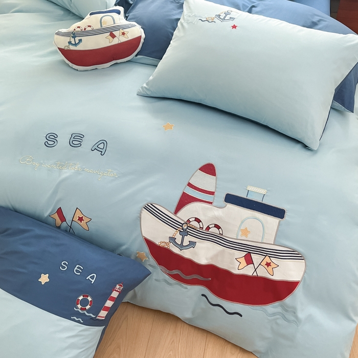 91家纺网 家纺一手货源 找家纺 博雅 2025新款全棉贴布绣卡通四件套 绣花款-海盗船