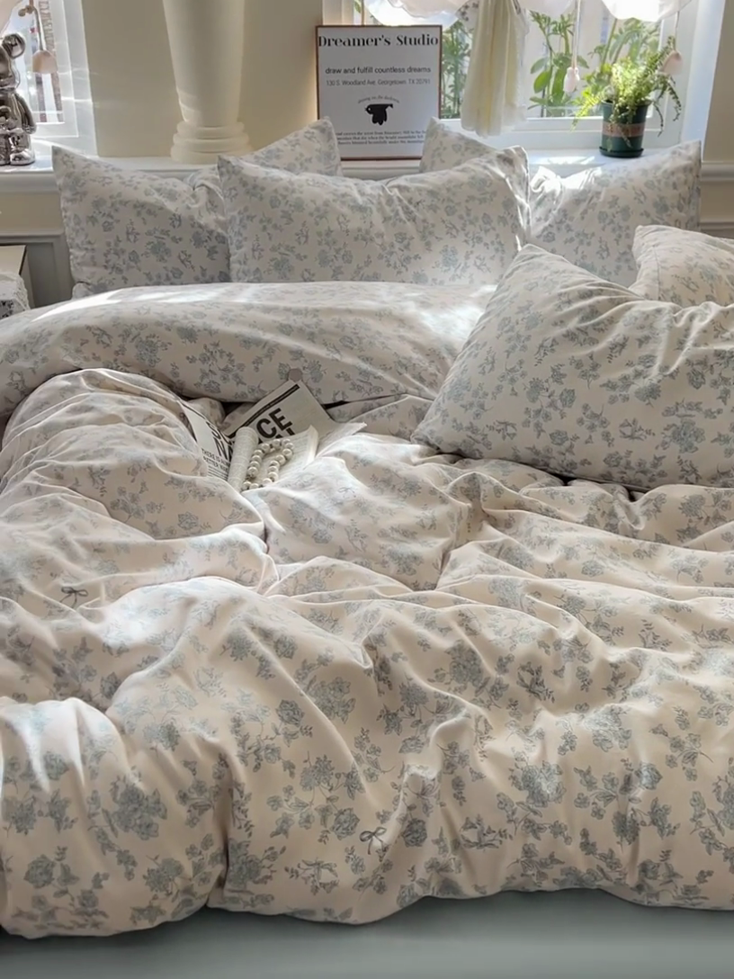 91家纺网 家纺一手货源 找家纺 逸尚阁 2025新款针织双层纱印花四件套（提供买家秀） 黛弦-蓝