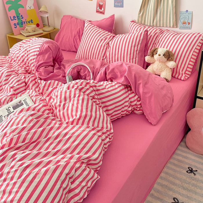 91家纺网 家纺一手货源 找家纺 卡斯诺家纺馆 2025新款水洗云朵棉四件套【下载文件夹包含买家秀】 甜辣风-玫红条