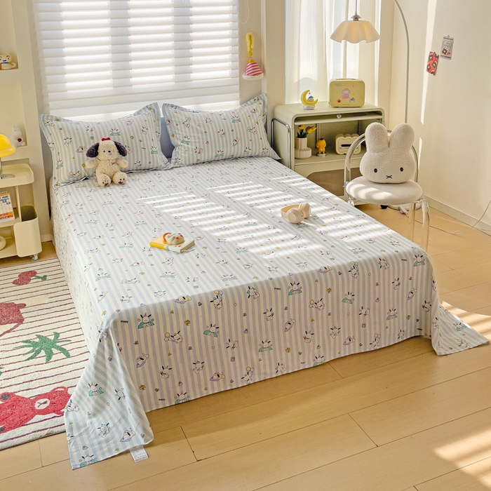 91家纺网 家纺一手货源 找家纺 春雨家居 2025新款春夏卡通印花全棉单床单 兔兔乐园